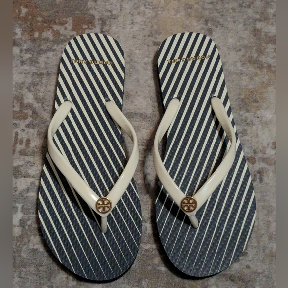 Tory Burch Navy and Cream Striped Sandals 7M - Picture 1 of 7